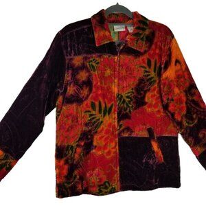 Chico’s Women's 1 Jacket Multicolor Zip Up Stitched Floral Pattern Velvet Feel